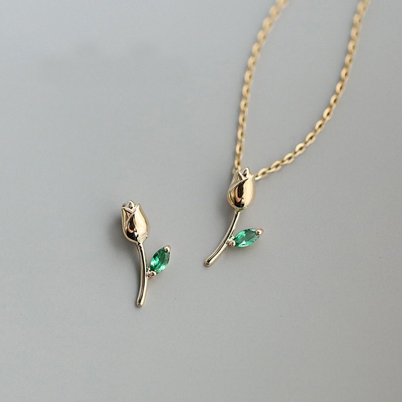 Gold Plated Sterling Silver Pretty Tulip Necklace, Emerald CZ Tulip Necklace, Dainty Green Leaves Tulip Necklace, Pretty & Sweet Design, N23