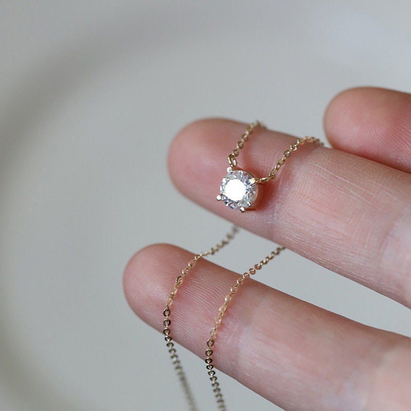 14k Gold Plated Sterling Silver Round Cut Crystal Necklace, Dainty Sparkly CZ Necklace, Pretty and Timeless Design, Perfect Gift for Her N25