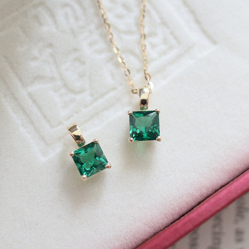 Plated Sterling Silver Square Emerald CZ Necklace, Dainty Gold Emerald Choker Necklace, Classic and Pretty Emerald Design, Gifts for Her N15