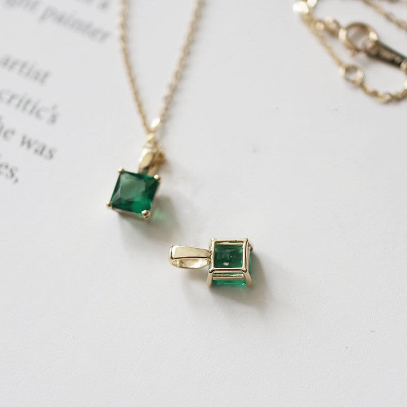 Plated Sterling Silver Square Emerald CZ Necklace, Dainty Gold Emerald Choker Necklace, Classic and Pretty Emerald Design, Gifts for Her N15