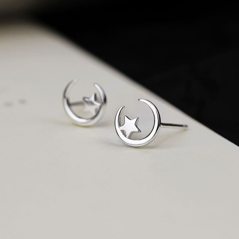 Sterling Silver Crescent Moon & Star Stud Earrings,  Dainty Star and Crescent Moon Earring, Celestial Earrings, Moon hug Star Earring, E134