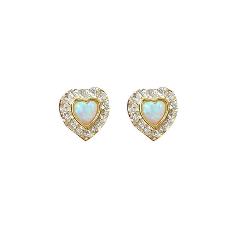 14k Gold Plated Sterling Silver Opal Heart-shaped Stud Earrings, Tiny Opal Heart CZ Earring, Gold Opal Earrings, Minimalist Earrings, E16