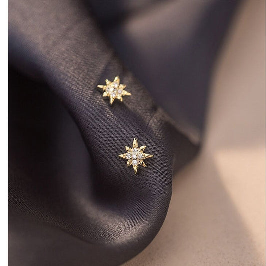 925 Silver Sparkly CZ North Star Stud Earrings, Tiny Starburst Studs, Tragus/Cartilage Studs, Pretty & Modern Design, Silver or Gold, E124