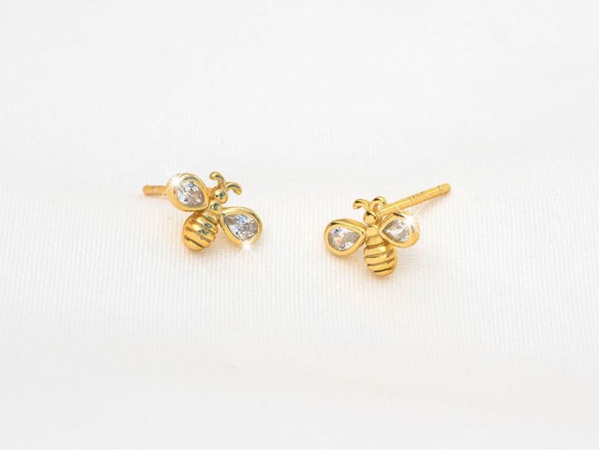 Dainty Gold CZ Bee Stud Earrings, 14k Gold Plated Sterling Silver Honeybee Studs, Cute Animal Earrings, Bee-lover Earring, Gift for Her E125