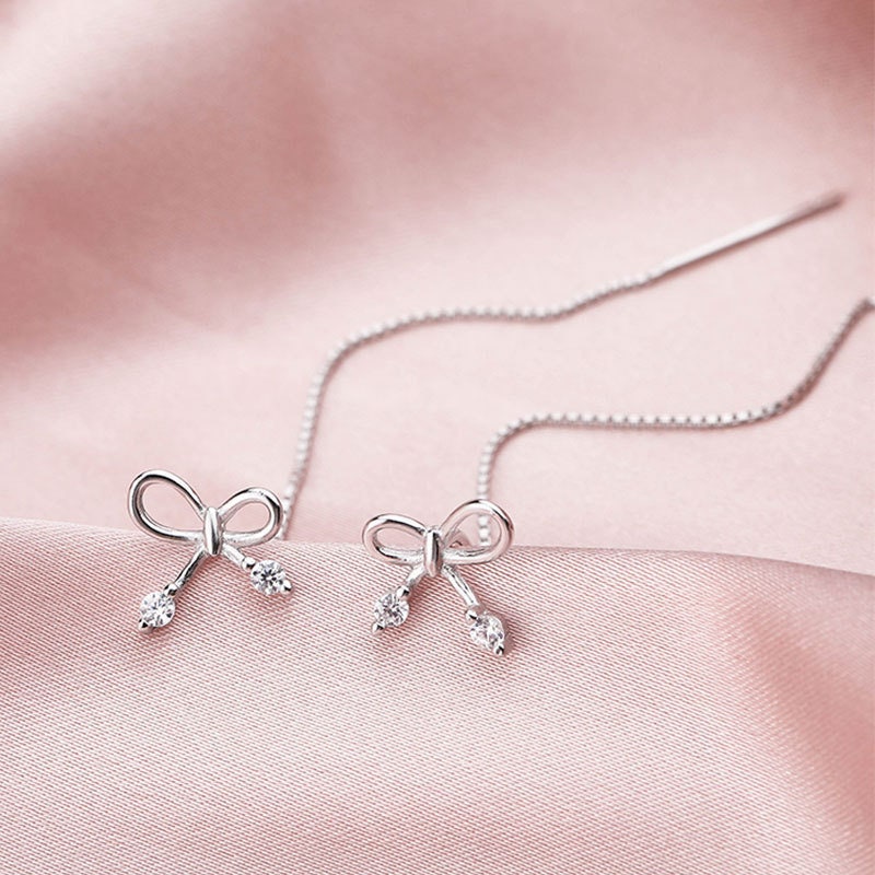 s925 Silver CZ Bowknot Threader Drop & Dangle Earrings, Bow Tie Tassel Earring, Skinny Threader Earring, Gift for Her, E32