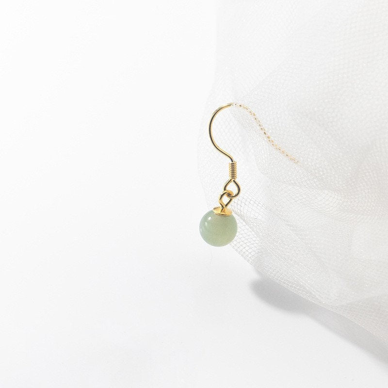 Genuine Jade Hook Drop & Dangle Earrings, Gold Plated 925 Silver Round Jade Drop Earrings, Nature Jade Earrings, Pretty Classic Design, E144