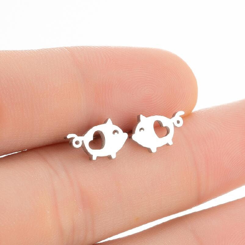 Sterling Silver Piggy Open Heart Stud Earrings, Hollow-out Heart Piglet Stud Earrings, Cute Pig Animal Earrings, Piggy Earrings, Gifts, E146