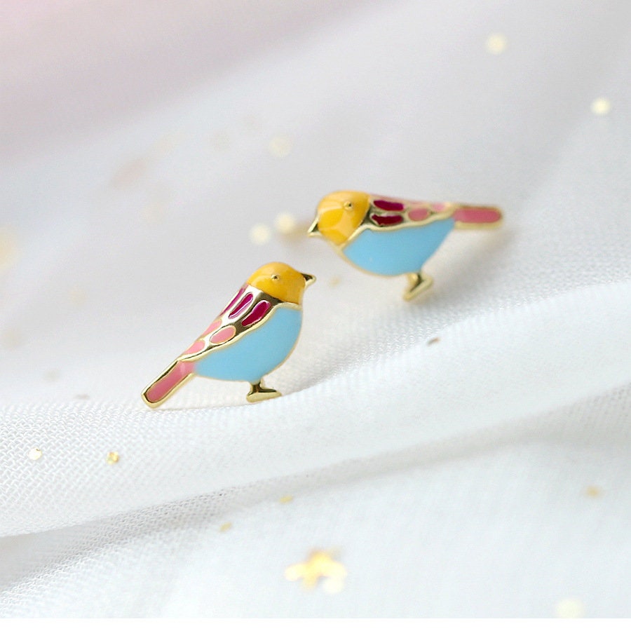 18k Gold Plated Sterling Silver Colorful Bird Stud Earrings, Blue Bird Animal Earrings, Pretty and Lovely Design, Silver or Gold, E149