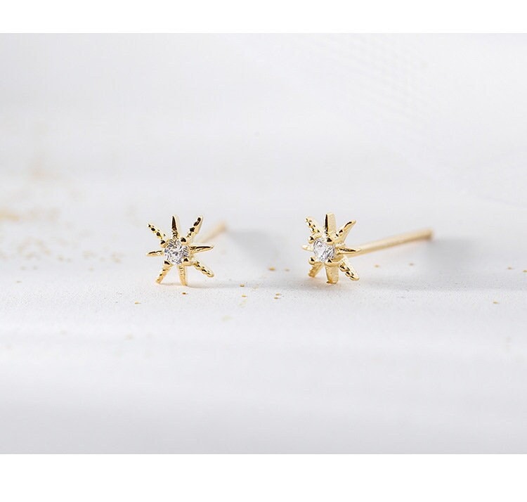 Sterling Silver Tiny North Star Stud Earrings, Dainty CZ Starburst Studs, Snowflake Stud Earrings, Silver or Gold, Gifts for Her, E68