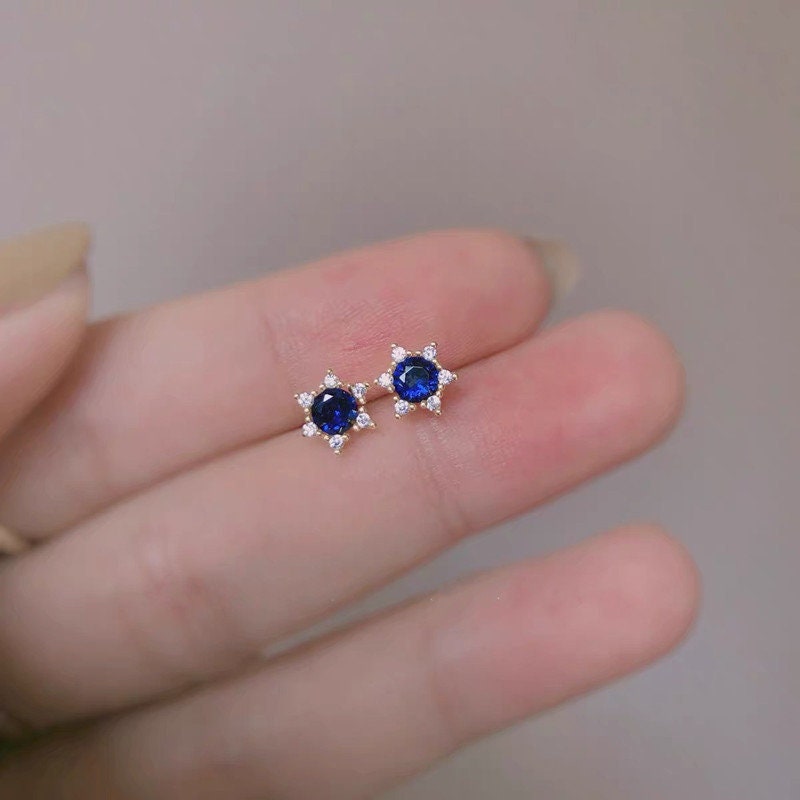 14k Gold Plated 925 Silver Blue Sapphire CZ North Star Stud Earrings, Simulated Sapphire Star Studs, Blue CZ Star Earrings, Gift for Her E95