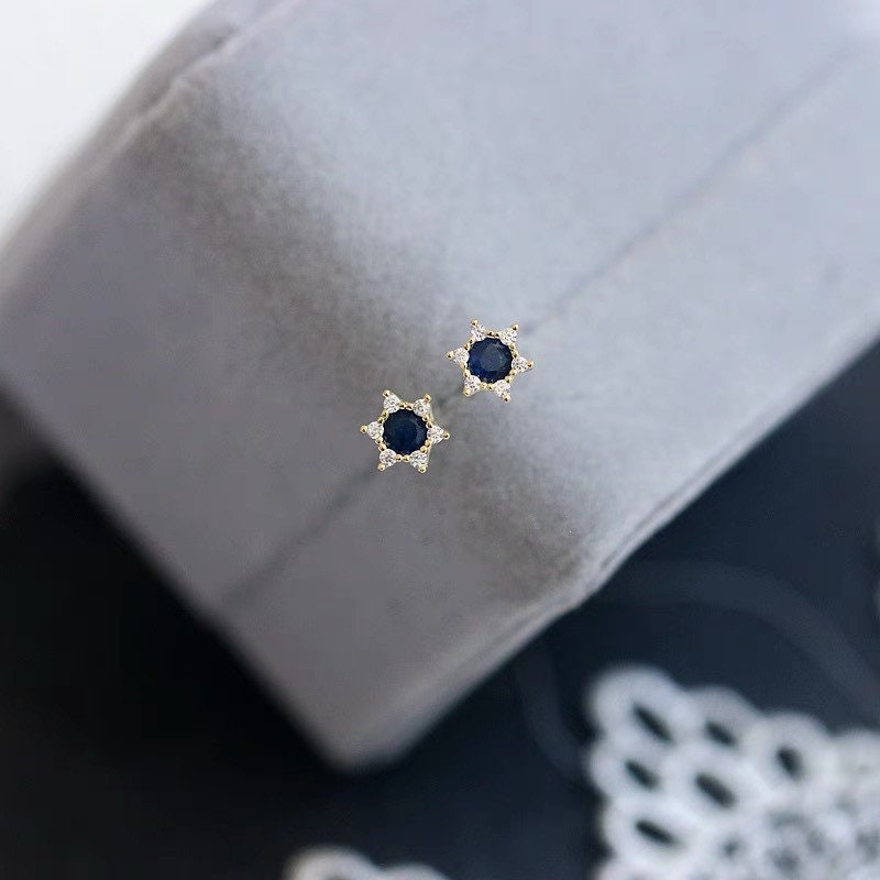 14k Gold Plated 925 Silver Blue Sapphire CZ North Star Stud Earrings, Simulated Sapphire Star Studs, Blue CZ Star Earrings, Gift for Her E95