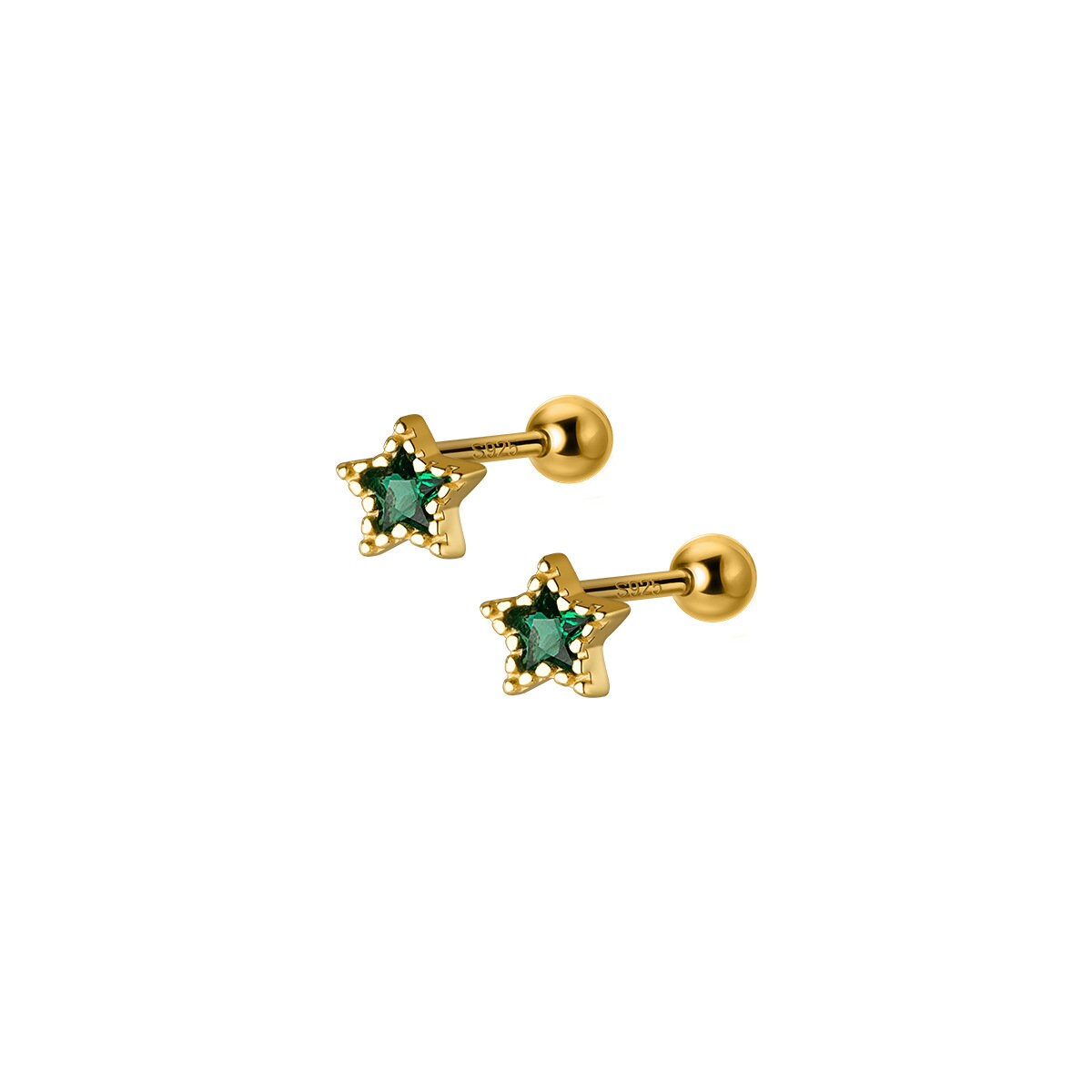 14k Gold Plated 925 Silver Emerald CZ Star Screw Back Earrings, Green CZ Sparkly Stars Screw Back Earrings,  Tragus/Cartilage Star Studs E99