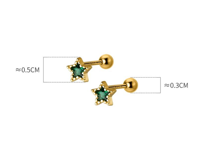 14k Gold Plated 925 Silver Emerald CZ Star Screw Back Earrings, Green CZ Sparkly Stars Screw Back Earrings,  Tragus/Cartilage Star Studs E99