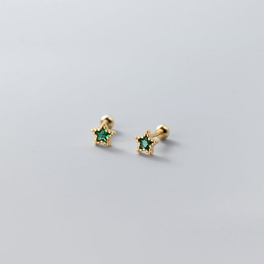 14k Gold Plated 925 Silver Emerald CZ Star Screw Back Earrings, Green CZ Sparkly Stars Screw Back Earrings,  Tragus/Cartilage Star Studs E99