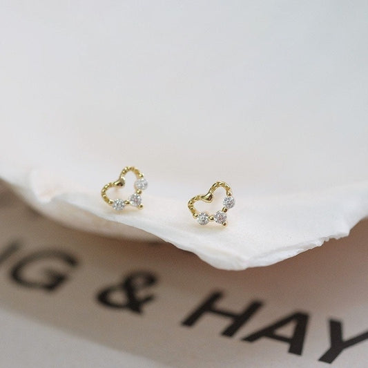 1 Pair| 14k Gold Plated Sterling Silver Hollow-out Heart CZ Stud Earrings, Dainty Small Heart Earrings, Pretty and Lovely Design, Gifts, E93