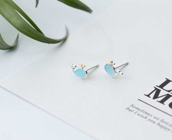 Sterling Silver Small Blue Whale Stud Earrings, Dainty Fish Animal Stud Earrings, Adorable Whale Studs, Pretty Studs, Gifts for Her, E157