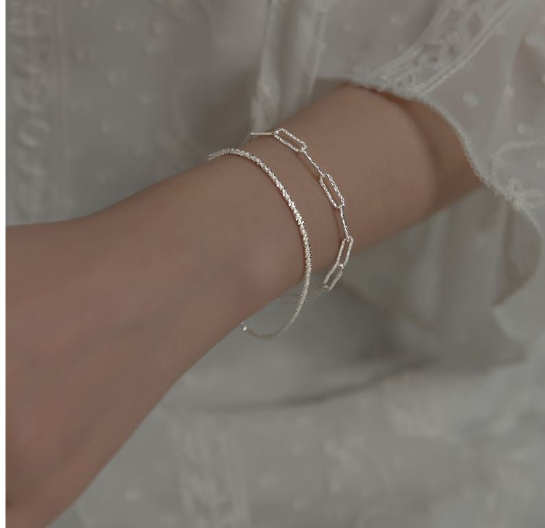 Italy Sterling Silver Sparkly Bracelets, Twist Shiny Bracelet, Square Link Chain Silver Bracelets, Dainty Stackable/Layered Bracelet, B02