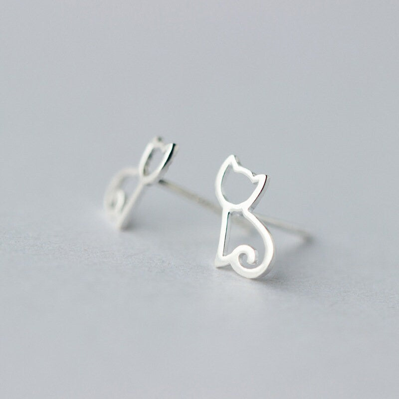 925 Silver Cute Cats Stud Earrings, Adorable Kitty Stud Earrings, Hollow-out Kitten Earrings, Pretty Animal Design Studs, Gifts for Her E102