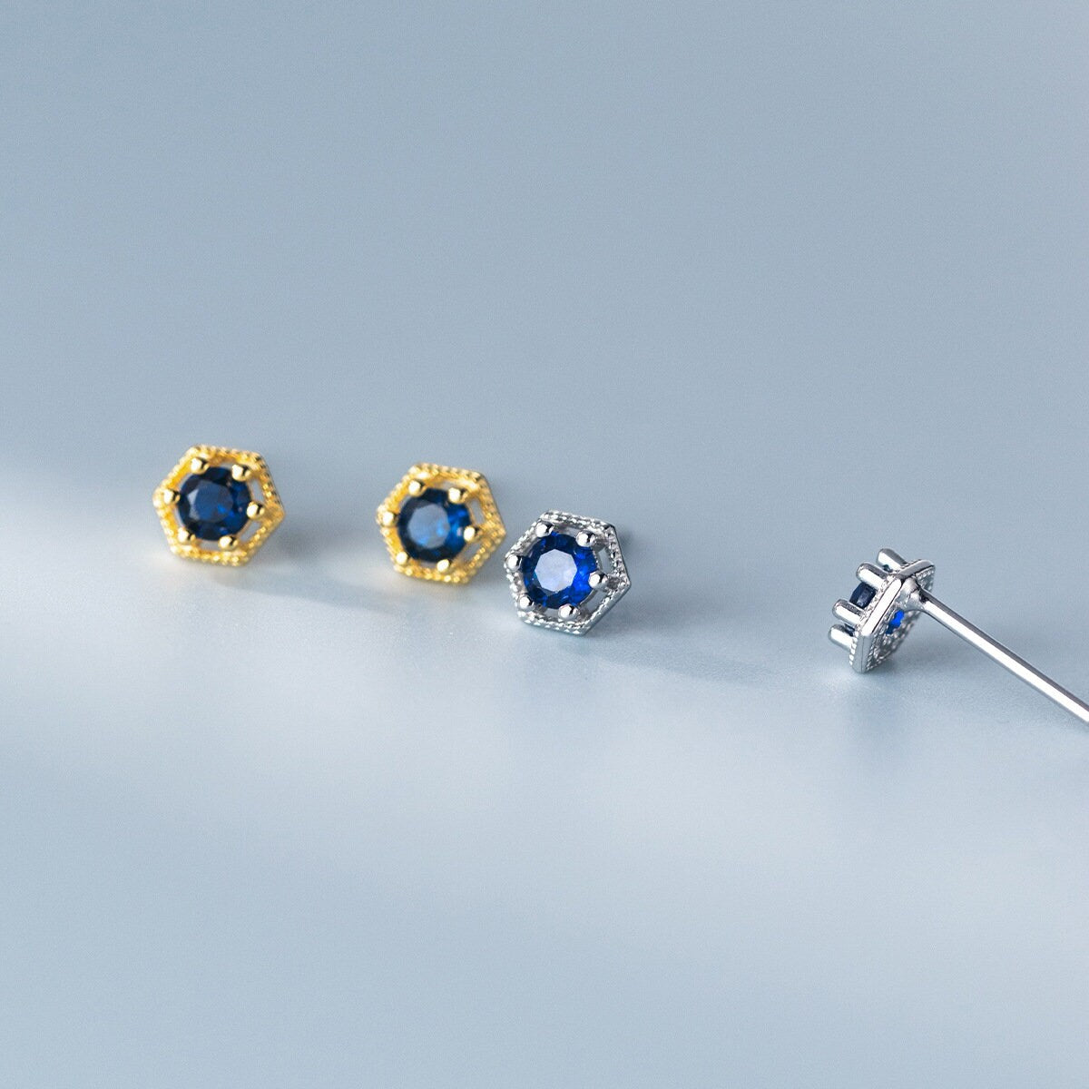 Sterling Silver Hexagon Sapphire CZ Stud Earrings, Dainty Blue Sapphire Crystal Studs, Pretty Geomestry Earrings, Silver or Gold, Gift, E108