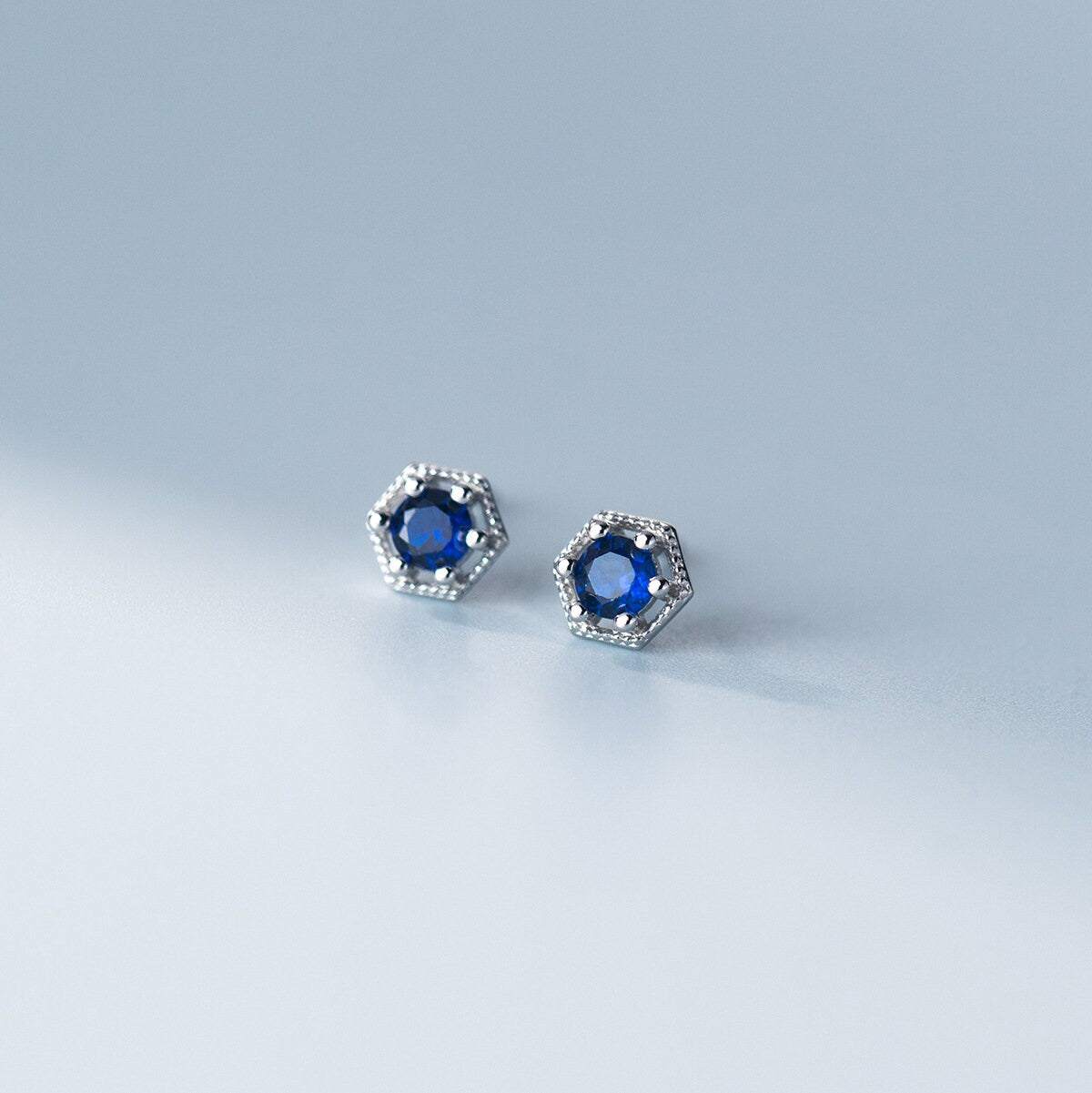 Sterling Silver Hexagon Sapphire CZ Stud Earrings, Dainty Blue Sapphire Crystal Studs, Pretty Geomestry Earrings, Silver or Gold, Gift, E108