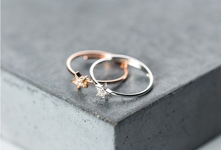 925 Silver CZ Star Adjustable Ring, Dainty Star Open Size Ring, CZ Star Ring, Rose Gold Ring, Gift for Her, Christmas/Holiday Gift, R02