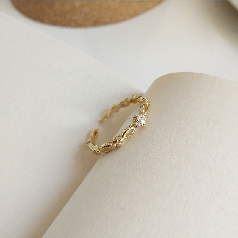 14k Gold Plated Sterling Silver Dainty Sparkly CZ Adjustable Ring, Vintage Style Open Size Ring, Skinny Open Ring, Silver or Gold, Gifts R03