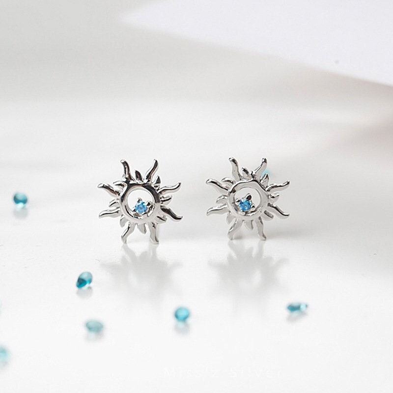 Sterling Silver Sunburst with Blue CZ Stud Earrings, Dainty Tiny CZ Sun Flower Earrings, Pretty and Celestial Design, Gifts for Her, E160