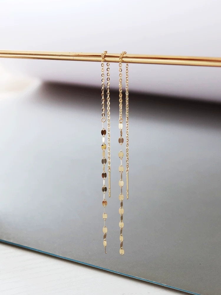 14k Gold Plated Sterling Silver Tassel Sparkly Threader Earrings, Delicate Gold Chain Earrings, Dainty Threader Drop & Dangle Earrings, E20