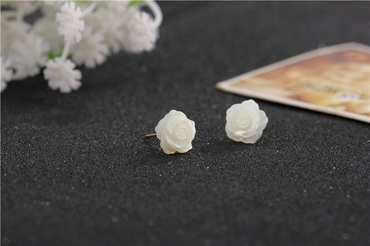 Sterling Silver Rose Stud Earrings, Dainty Flower Rose Earrings,  White Rose Earrings, Natural Flower Studs, Gifts for Her, E98