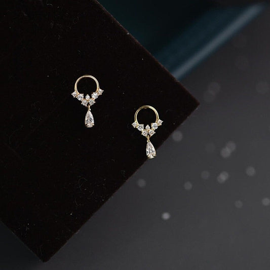 14k Gold Plated 925 Silver Dainty Waterdrop CZ Drop & Dangle Earrings, Circle Features Droplet Dangle Earrings, Sparkly Pretty Earrings E164