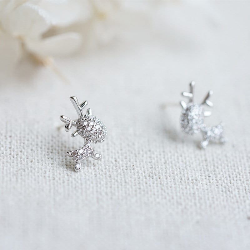 925 Silver Dainty & Cute Deer Stud Earrings, Sparkly CZ Reindeer Animal Earrings, Rose Gold or Silver, Pretty and Adorable Design, Gift E166