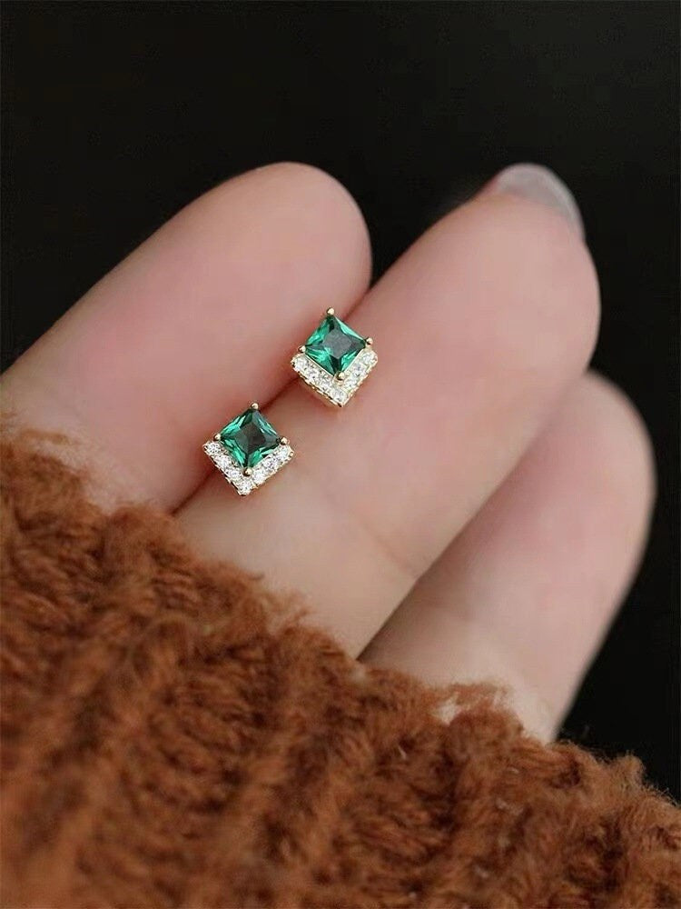 Gold Simulated Emerald Green CZ Stud Earrings, Emerald CZ V-shape Earring, Gold Plated 925 Silver Green Studs, Emerald Jewelry Gift Set E12