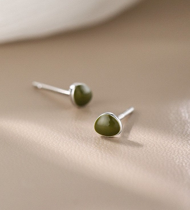 Sterling Silver Tiny Olivia Green Leaf Earrings, Avocado Stud Earrings, Green Fruit/Plant Studs,  Pretty Geometry Earrings, Dot Earring E117