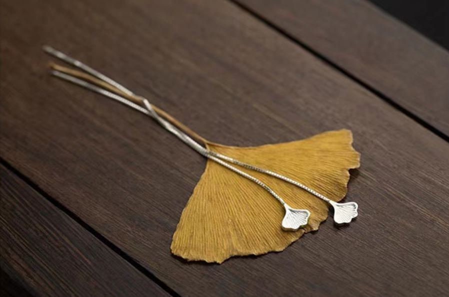 925 Silver Dainty Ginkgo Leaf Threader Dangle Earrings, Silver Leaf Tassel Drop Earrings, Delicate Fan-shaped Earrings, Plant Earring, E171