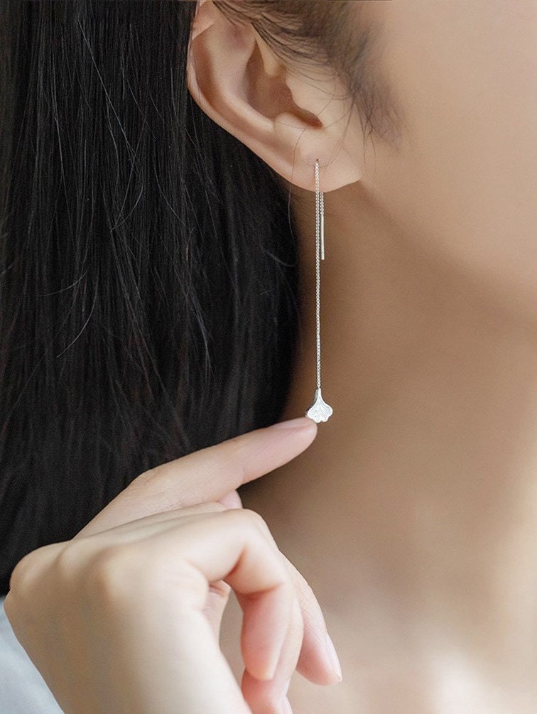 925 Silver Dainty Ginkgo Leaf Threader Dangle Earrings, Silver Leaf Tassel Drop Earrings, Delicate Fan-shaped Earrings, Plant Earring, E171