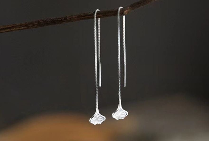 925 Silver Dainty Ginkgo Leaf Threader Dangle Earrings, Silver Leaf Tassel Drop Earrings, Delicate Fan-shaped Earrings, Plant Earring, E171