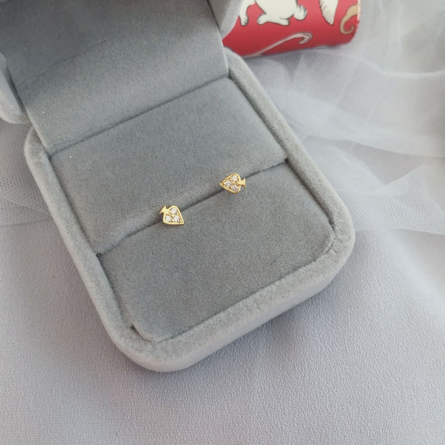 14k Gold Plated Sterling Silver Tiny Spade-A CZ Stud Earrings, Sparkly Spade A Shape Studs, Mini Heart Studs, Pretty and Cute Design, E179