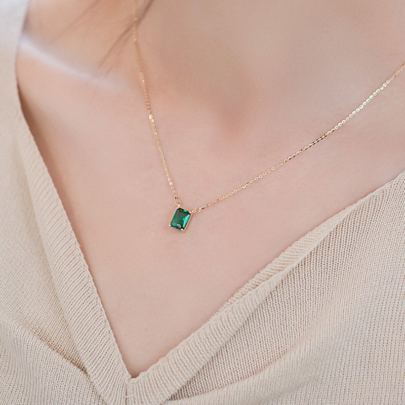 Dainty Baguette Emerald CZ Necklace, 14k Gold Plated Sterling Silver Rectangle Emerald Green CZ Necklace, Timeless and Modern Design, N18