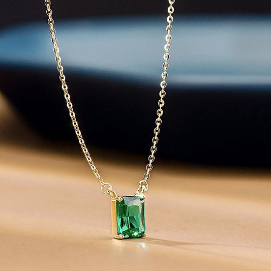 Dainty Baguette Emerald CZ Necklace, 14k Gold Plated Sterling Silver Rectangle Emerald Green CZ Necklace, Timeless and Modern Design, N18