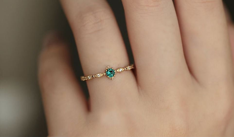 14k Gold Plated 925 Silver Dainty Emerald CZ Adjustable Ring, Simulated Emerald & Sparkly CZ Open Size Ring, Skinny Pretty Open Ring, R05