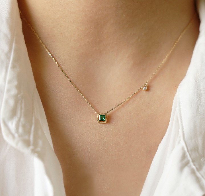 14k Gold Plated Sterling Silver Square Emerald CZ Necklace, Green Emerald CZ Choker Features tiny Round CZ, Wedding Jewelry, Gifts for Her