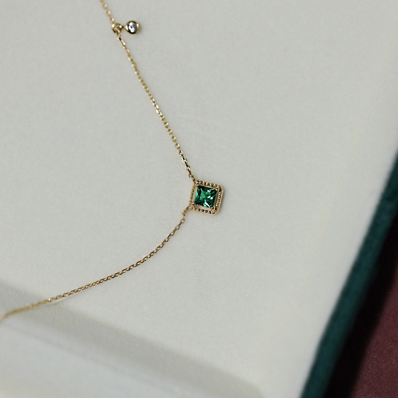 14k Gold Plated Sterling Silver Square Emerald CZ Necklace, Green Emerald CZ Choker Features tiny Round CZ, Wedding Jewelry, Gifts for Her