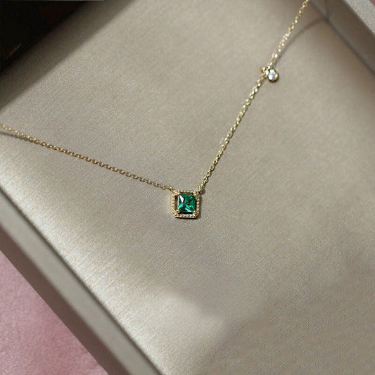 14k Gold Plated Sterling Silver Square Emerald CZ Necklace, Green Emerald CZ Choker Features tiny Round CZ, Wedding Jewelry, Gifts for Her