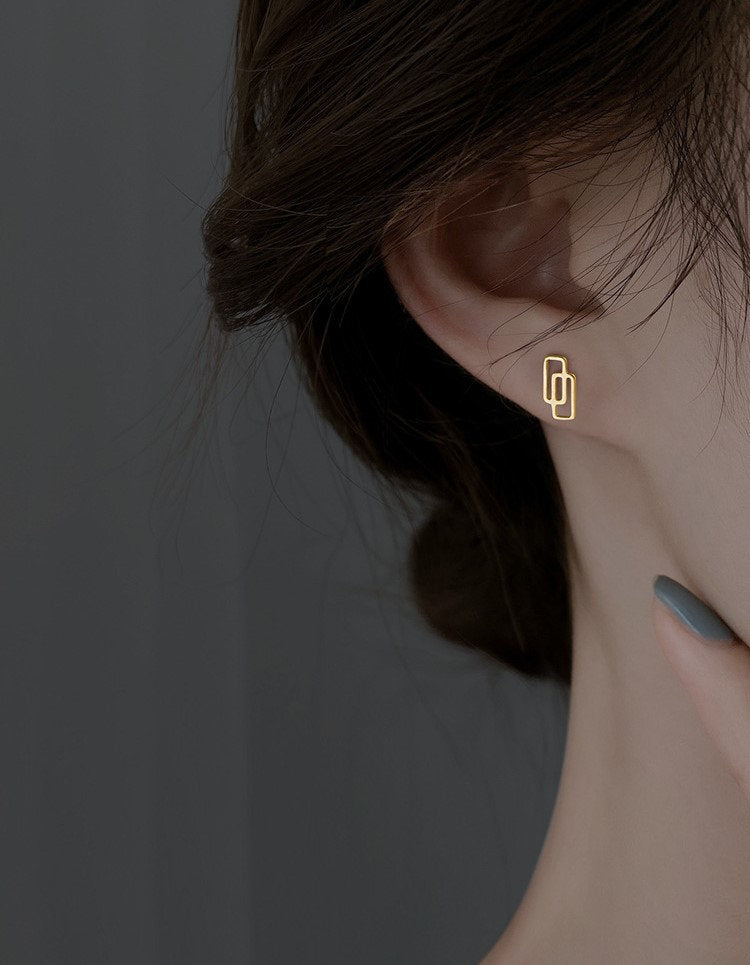 Gold Plated 925 Silver Pretty Geometry Rectangle Link Stud Earrings, Dainty Geometry Earrings, Unique Design, Minimalist Earrings, E185