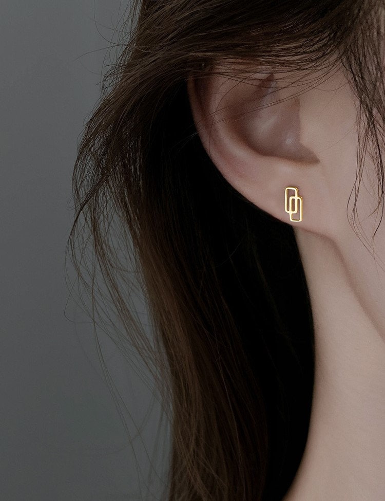 Gold Plated 925 Silver Pretty Geometry Rectangle Link Stud Earrings, Dainty Geometry Earrings, Unique Design, Minimalist Earrings, E185