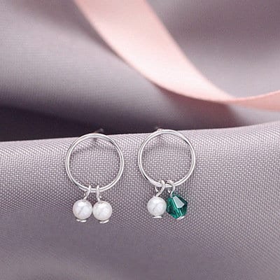 Sterling Silver Delicate Green Crystal & Simulated Pearl Circle Stud Earrings, Dainty Mismatched Earring, Two Color Available, E36