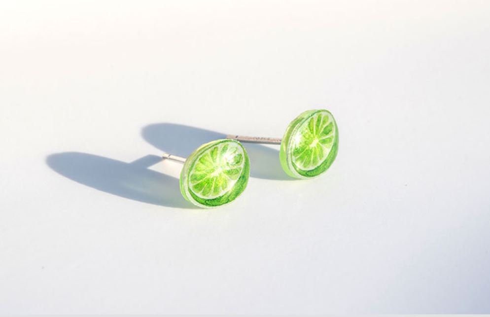 925 Silver Fresh Lime Stud Earrings, Lemon Slice Stud Earrings, Green Fruit Earrings, Pretty Earrings, Beach Earring, Holiday Earring, E120