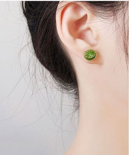 925 Silver Fresh Lime Stud Earrings, Lemon Slice Stud Earrings, Green Fruit Earrings, Pretty Earrings, Beach Earring, Holiday Earring, E120