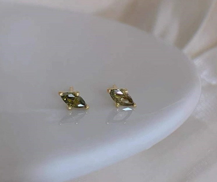 14k Gold Plated 925 Silver Olive Green CZ Stud Earrings, Tiny Oval Shape Green Crystal Earrings, Pretty and Timeless Design, Gifts, E140