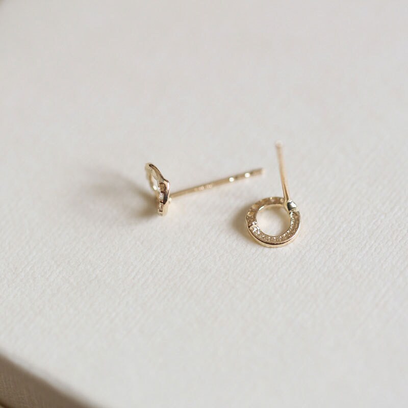 14k Gold Plated 925 Silver Tiny Circle Stud Earrings, Sparkly Circle CZ Studs, Pretty Lovely Design, Minimalist Geometry Earring, E194